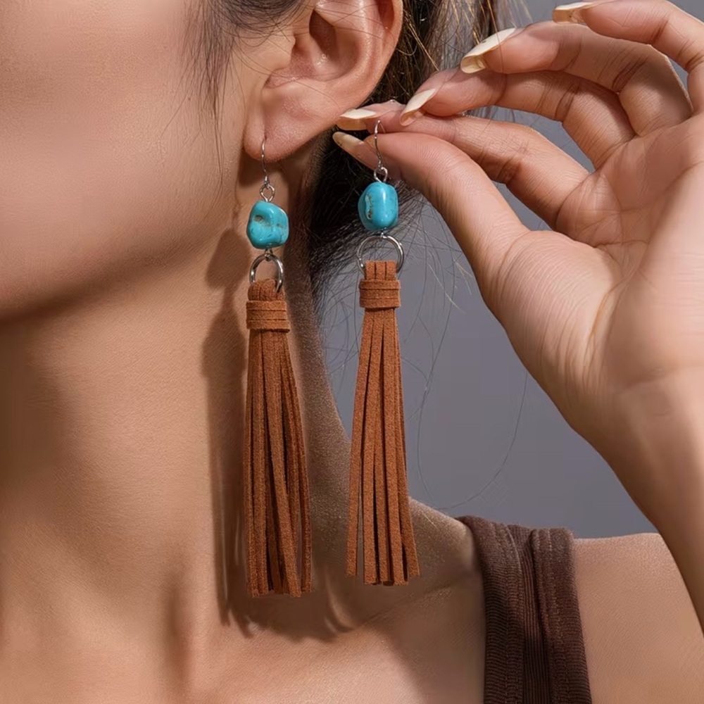 Brown‎ Tassel Earrings with Turquoise Beads